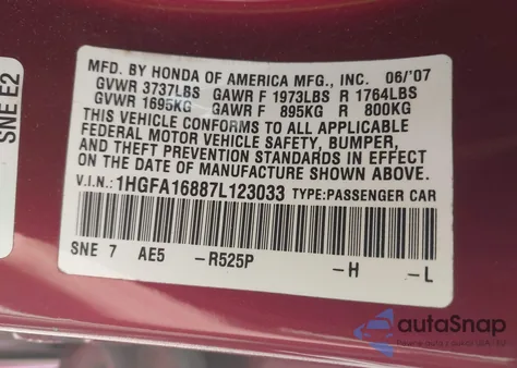 2007 Honda Civic Ex from USA, damaged, VIN 1HGFA16887L123033